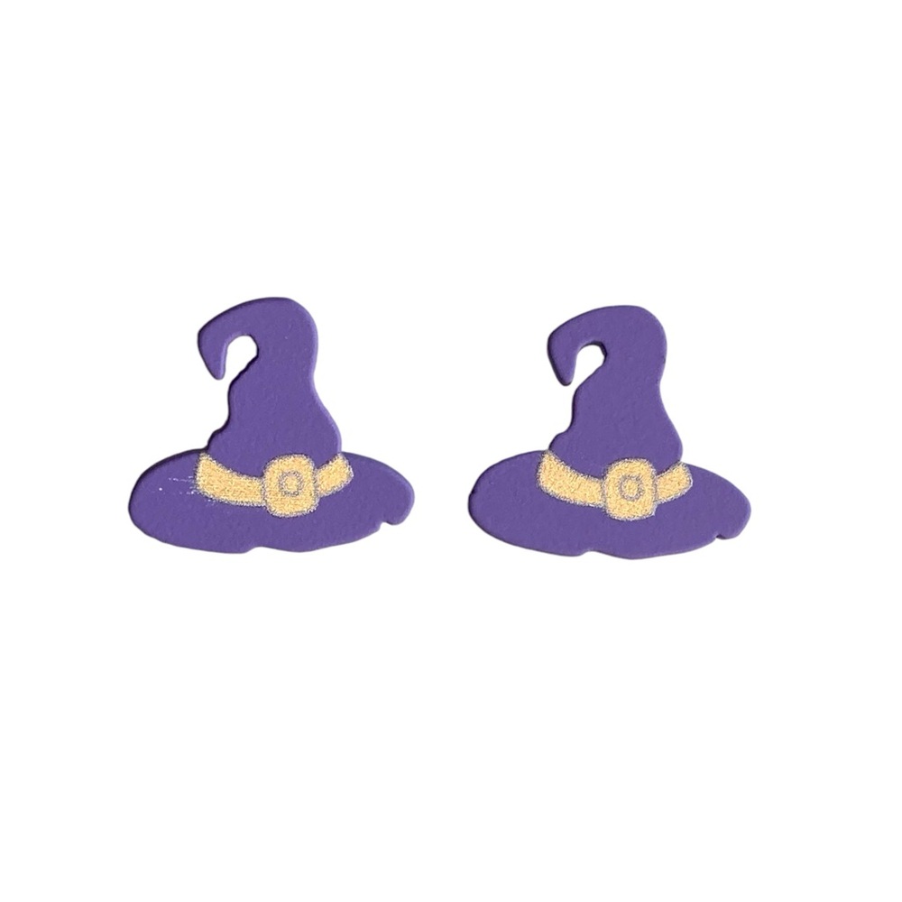 Purple Witch Witches Hat Halloween Stud Earrings